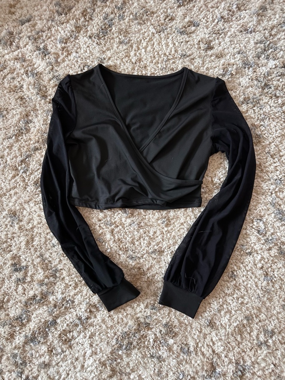 Black Wrap-Front Long Sleeve Crop Top - Women